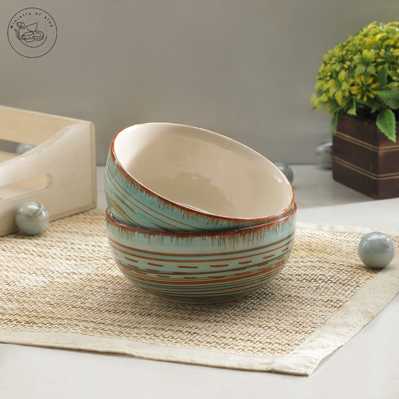 Ministry Of Klay Green Brown  Ceramic Serving-Soup Bowl / Microwave Safe, Set of 2, 500ml each