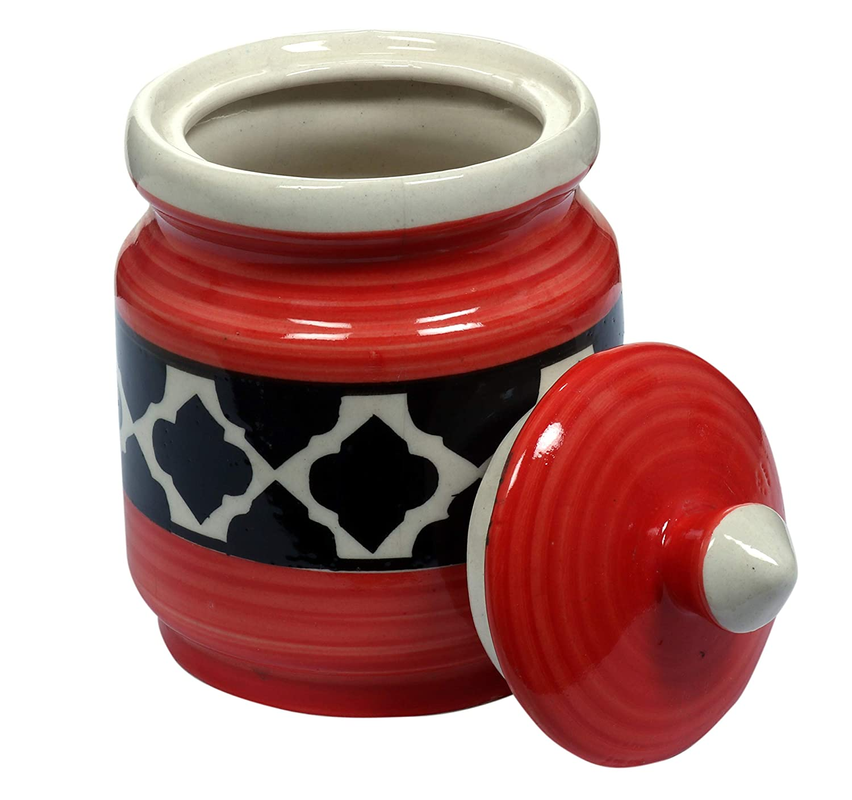 RAJ ROYAL Red Pottery Hand Painted Cornichon Storage Jar Container with Lid Mughal Ceramic Food Storage Multipurpose Storage Container for Home (Red, 2 KG)