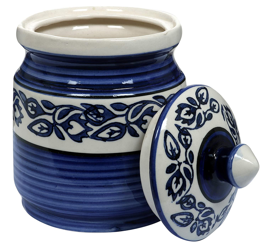 RAJ ROYAL Blue Pottery Hand Paintaed Mughal Ceramic Cornichon Storage Jar for Sugar | 750 GR